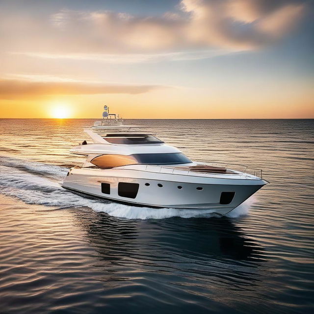 Generate images of a stunning, high-end boat against a majestic sunrise over calm ocean waters, with the emphasis on the sleek design, luxurious details, and warm sunlight reflecting on polished surfaces.