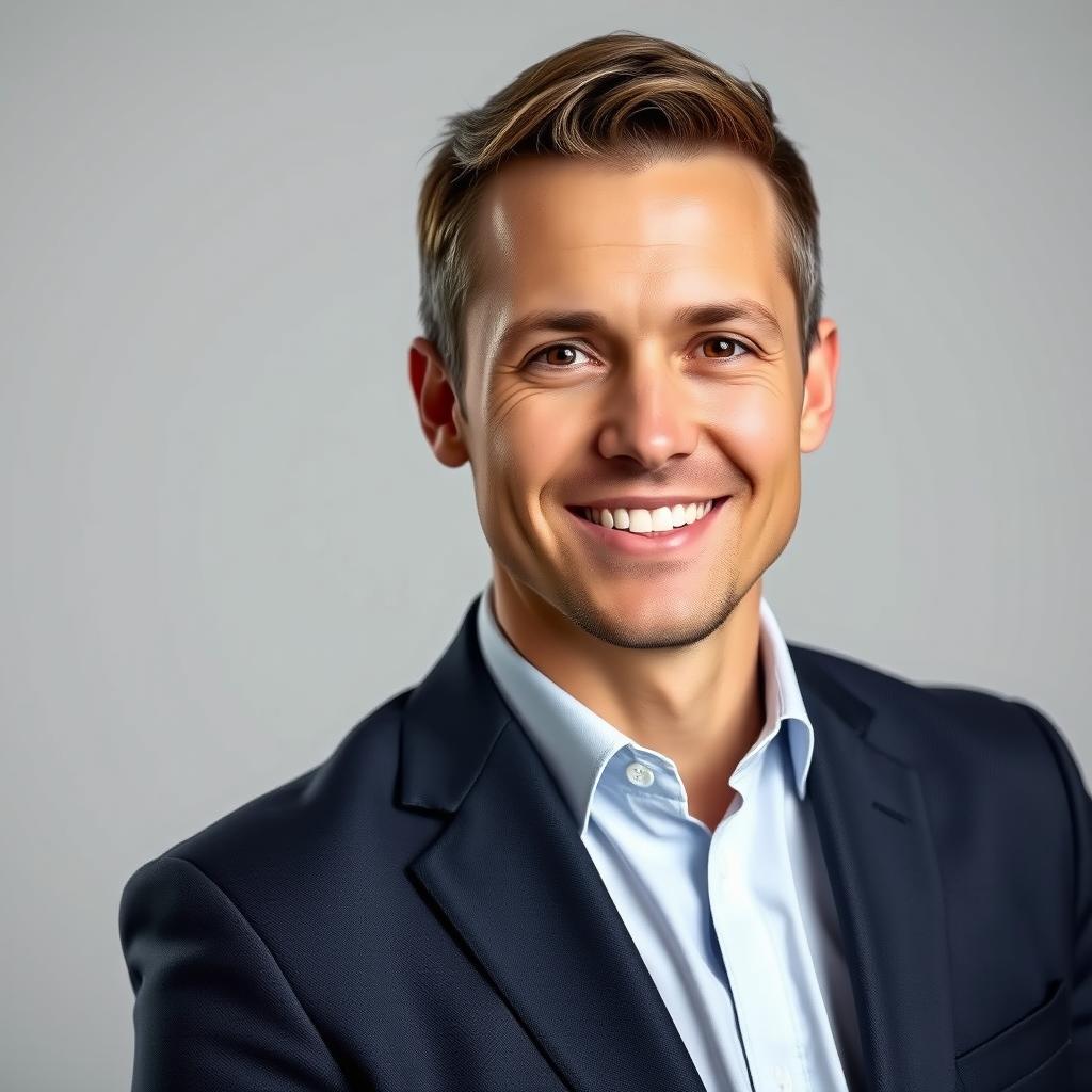 A professional headshot suitable for a CV, featuring a confident adult male in a smart suit, with a solid light gray background