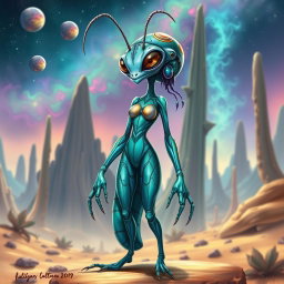 A full body caricature of an insectoid female alien, featuring a slender, elongated body with elegantly segmented limbs that mimic those of an insect