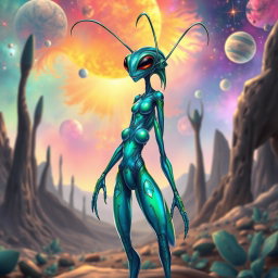 A full body caricature of an insectoid female alien, featuring a slender, elongated body with elegantly segmented limbs that mimic those of an insect
