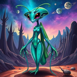 A full body caricature of an insectoid female alien, featuring a slender, elongated body with elegantly segmented limbs that mimic those of an insect