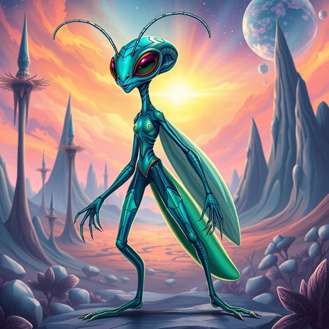 A full body caricature of an insectoid female alien, featuring a slender, elongated body with elegantly segmented limbs that mimic those of an insect