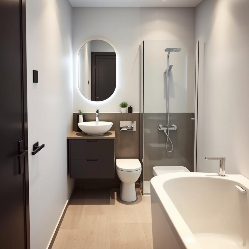 A small bathroom featuring a modern floating vanity with a stylish sink, a compact toilet, a sleek shower area, and a cozy bathtub
