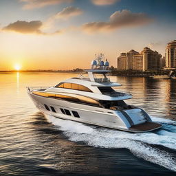 Generate images of a stunning, high-end boat against a majestic sunrise over calm ocean waters, with the emphasis on the sleek design, luxurious details, and warm sunlight reflecting on polished surfaces.