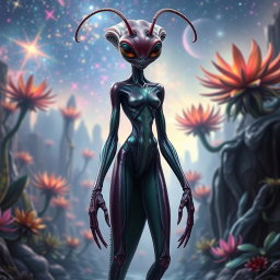 A full body depiction of an insectoid female alien, featuring a tall and slender figure with an elongated torso and segmented limbs reminiscent of an insect's anatomy