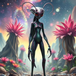 A full body depiction of an insectoid female alien, featuring a tall and slender figure with an elongated torso and segmented limbs reminiscent of an insect's anatomy
