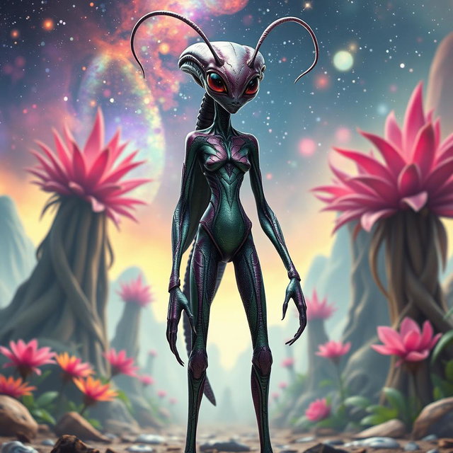 A full body depiction of an insectoid female alien, featuring a tall and slender figure with an elongated torso and segmented limbs reminiscent of an insect's anatomy