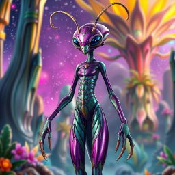 A full body depiction of an insectoid female alien, featuring a tall and slender figure with an elongated torso and segmented limbs reminiscent of an insect's anatomy