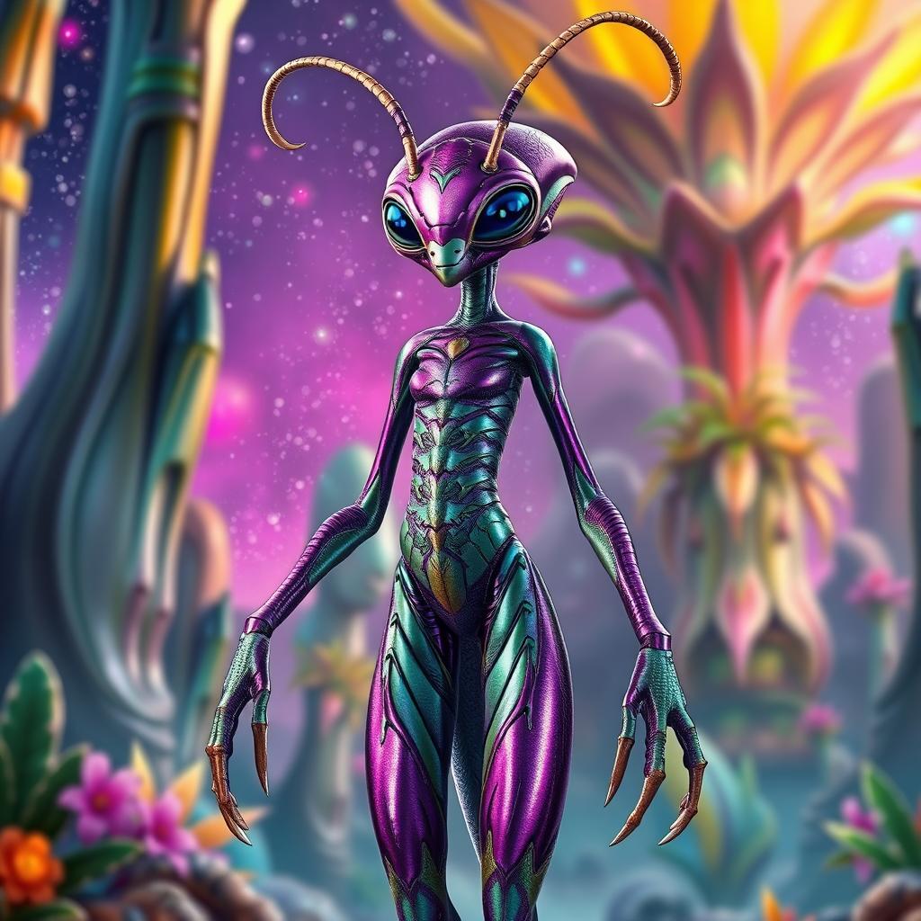 A full body depiction of an insectoid female alien, featuring a tall and slender figure with an elongated torso and segmented limbs reminiscent of an insect's anatomy