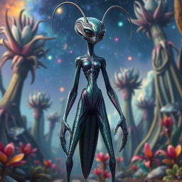A full body depiction of an insectoid female alien, featuring a tall and slender figure with an elongated torso and segmented limbs reminiscent of an insect's anatomy