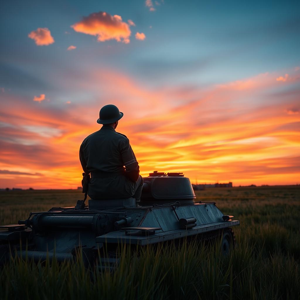 An American soldier from World War II, sitting on a tank with his back towards us, gazing at a beautiful sunset