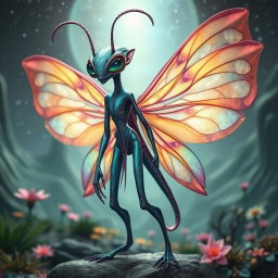 A full body depiction of an insectoid female alien with large, delicate wings resembling those of a butterfly