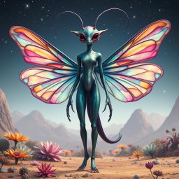 A full body depiction of an insectoid female alien with large, delicate wings resembling those of a butterfly