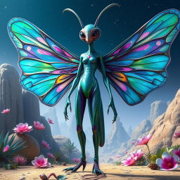 A full body depiction of an insectoid female alien with large, delicate wings resembling those of a butterfly