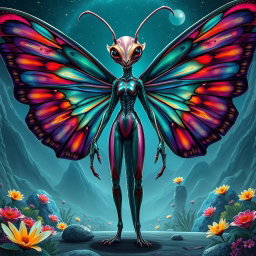 A full body depiction of an insectoid female alien with large, delicate wings resembling those of a butterfly