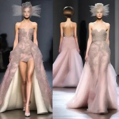 The runway model was amply dressed in the latest haute couture designs.