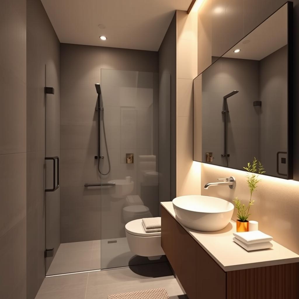 A small modern bathroom design, featuring sleek lines and minimalist aesthetics