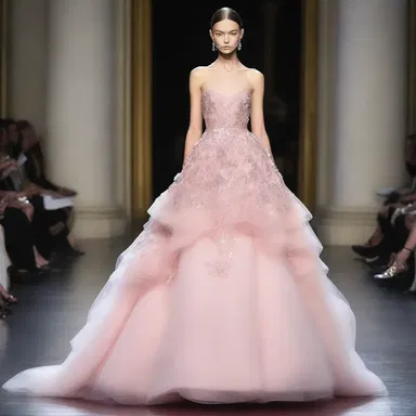 The runway model was amply dressed in the latest haute couture designs.