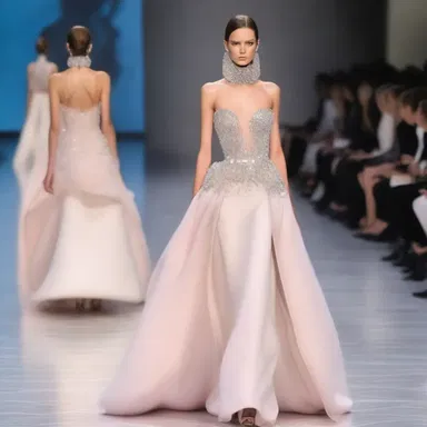The runway model was amply dressed in the latest haute couture designs.