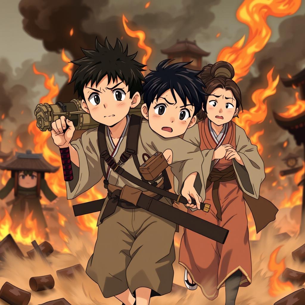 Anime style, set in ancient Japan, depicting a burning city during a rebellion