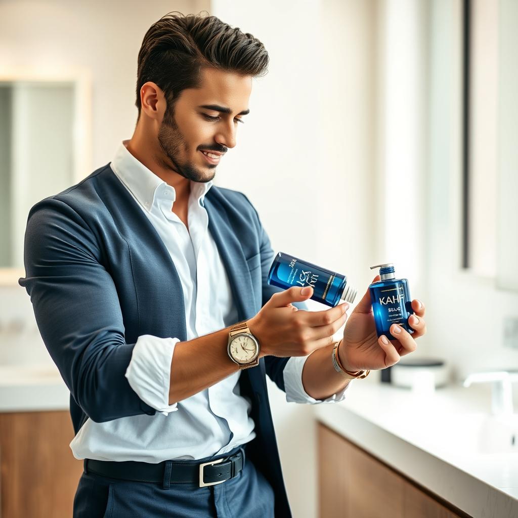 A modern man dressed in stylish attire, meticulously pouring Kahf Blue into his hands and applying it with care