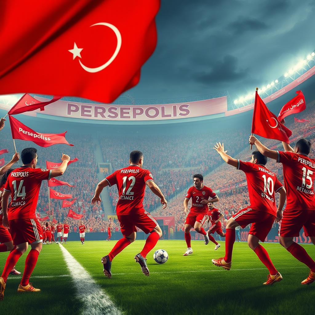 A vibrant, dynamic scene depicting a thrilling moment in a football match featuring the Persian football club Persepolis