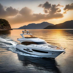 Generate images of a stunning, high-end boat against a majestic sunrise over calm ocean waters, with the emphasis on the sleek design, luxurious details, and warm sunlight reflecting on polished surfaces.