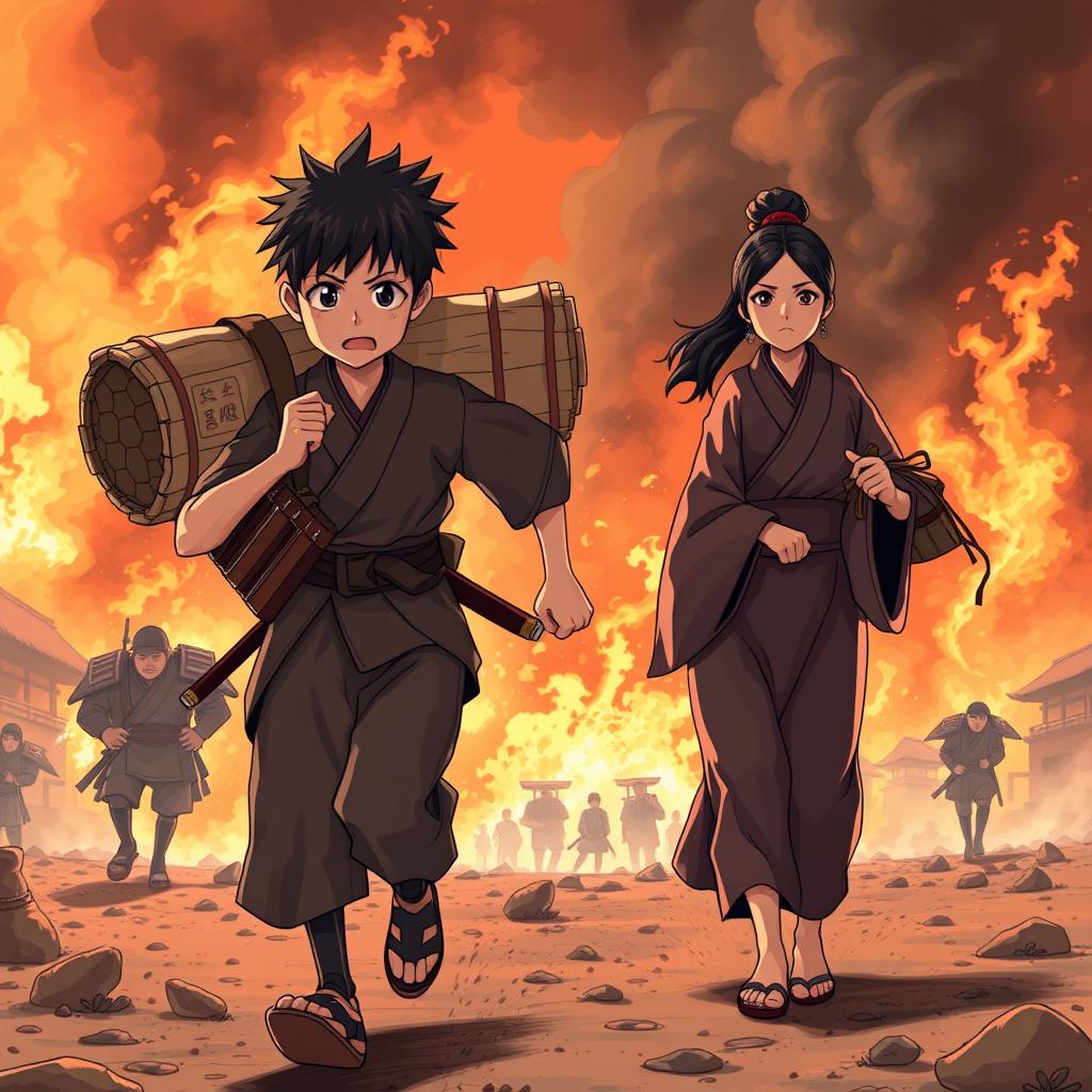 Anime style illustration set in ancient Japan, portraying a burning city amidst a rebellion