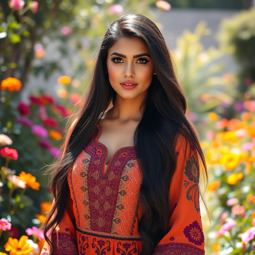 A beautiful Middle Eastern woman with long, flowing black hair, wearing a vibrant traditional dress adorned with intricate patterns