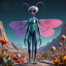 A full body depiction of an insectoid female alien with her wings elegantly positioned down