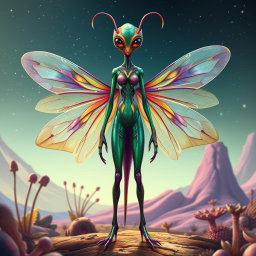 A full body depiction of an insectoid female alien with her wings elegantly positioned down