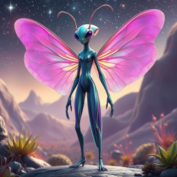 A full body depiction of an insectoid female alien with her wings elegantly positioned down