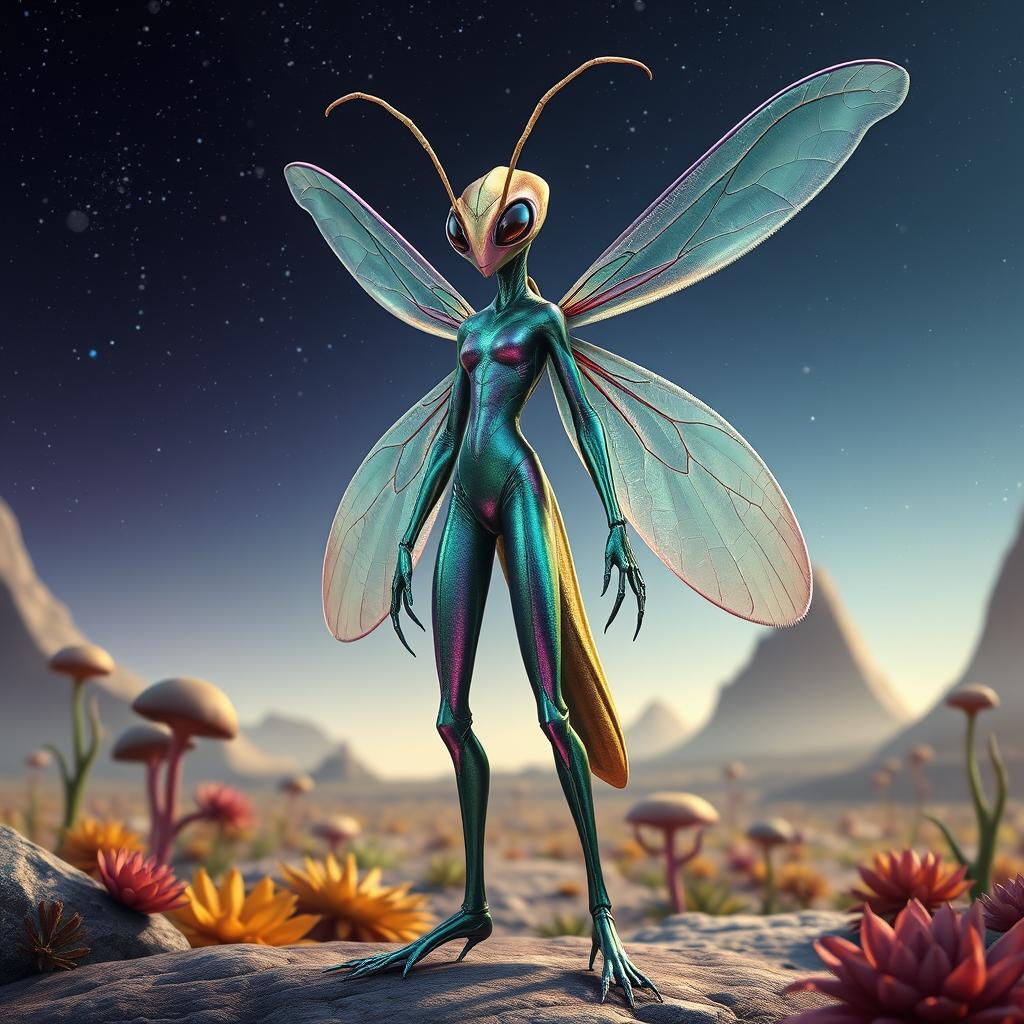 A full body depiction of an insectoid female alien with her wings elegantly positioned down