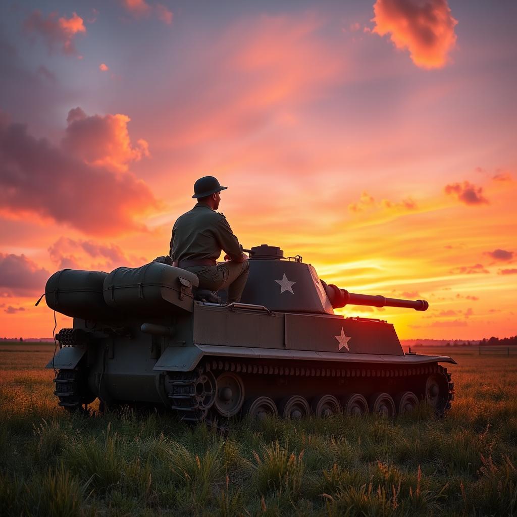An American soldier from World War II, sitting on a large tank that is significantly bigger than him, with his back towards us, admiring a stunning sunset
