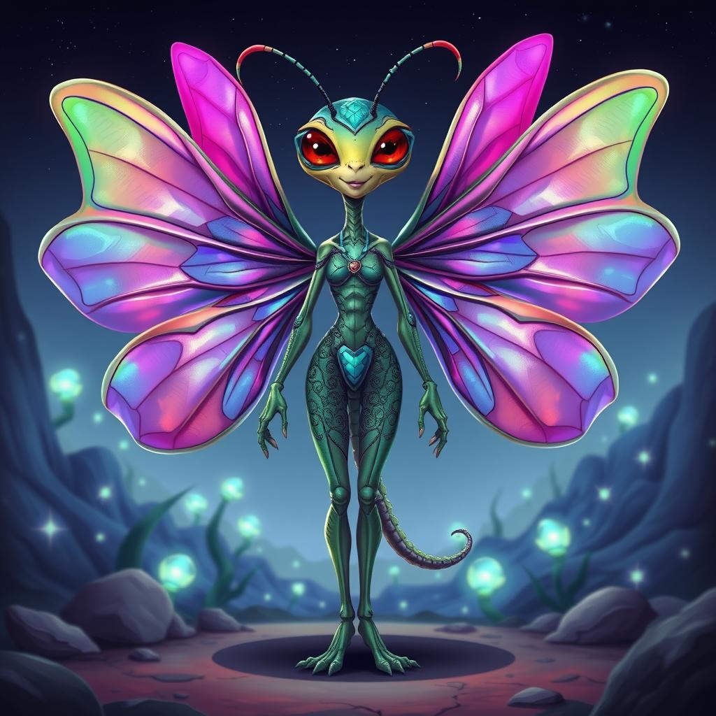 A full-body caricature of a female insectoid alien, featuring large, shimmering wings positioned downwards