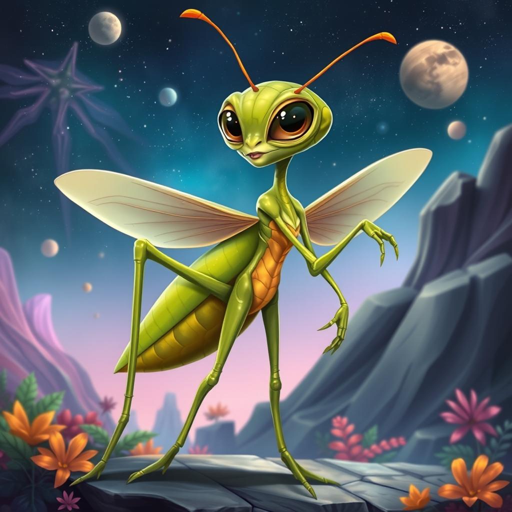 A full-body caricature of a female alien resembling a grasshopper, featuring elongated limbs and a slender, insect-like body