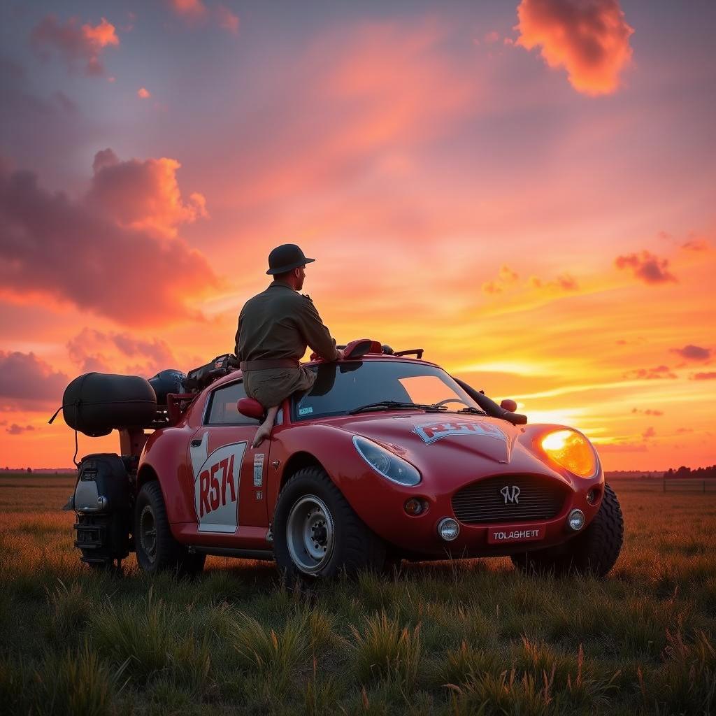 A soldier sitting on an oversized tank in a vibrant sunset setting, the tank has prominent features like extra armor and larger turret, positioned in a wide open field, glowing orange and pink clouds fill the sky, the soldier wears a vintage military uniform with a helmet, calm and reflective mood, peaceful landscape