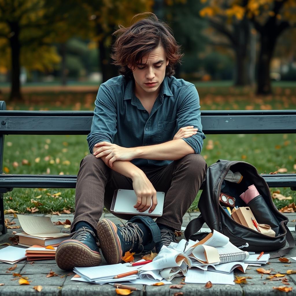 A portrait of a weary individual sitting on a park bench, looking contemplative and slightly disheartened