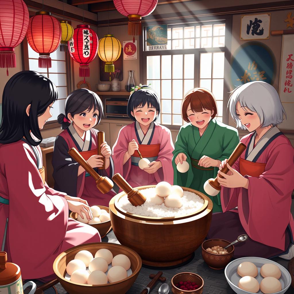 A vibrant and lively scene featuring a group of petite women with various hairstyles and traditional Japanese attire, carefully making mochi in a cozy kitchen setting