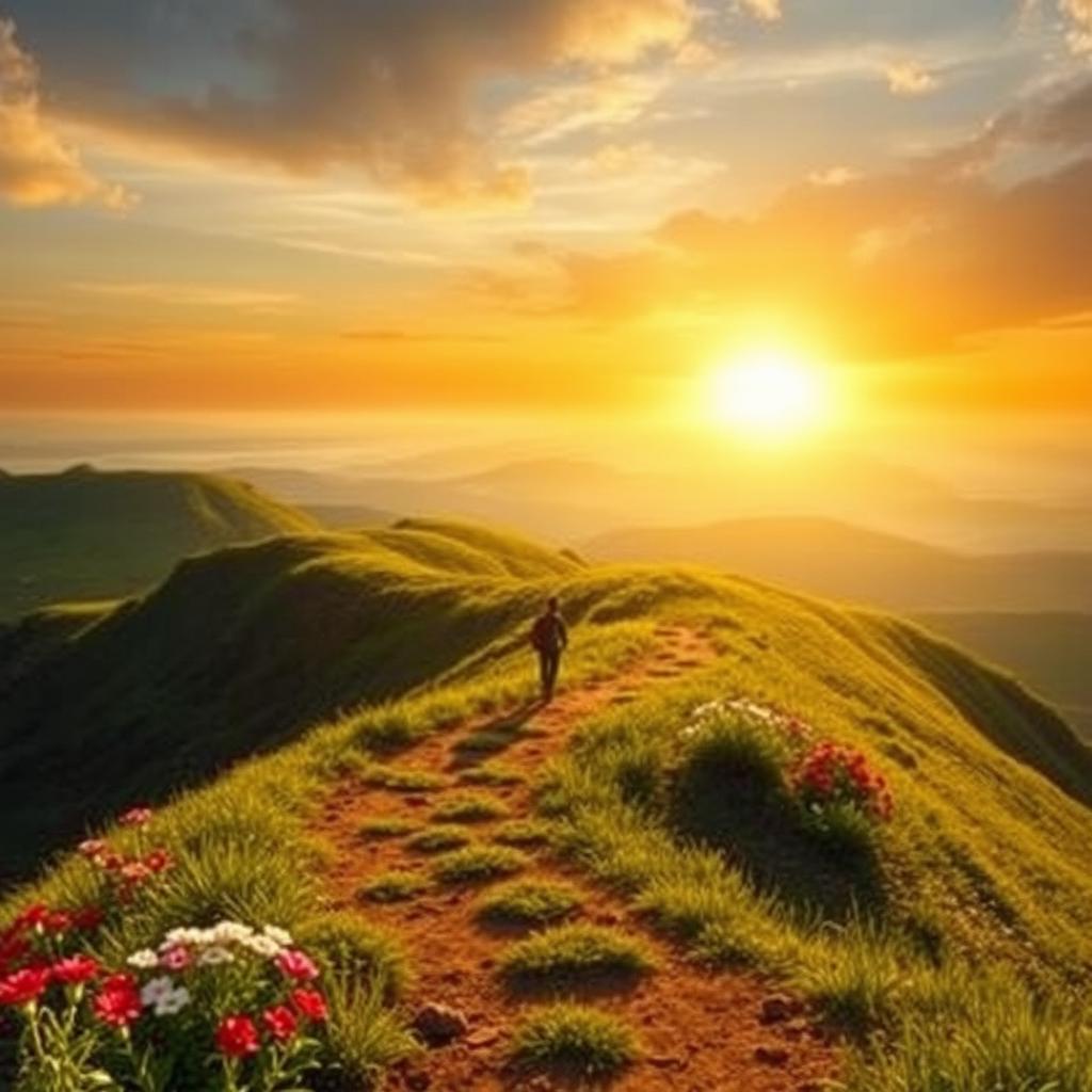 A breathtaking landscape symbolizing a journey toward enlightenment, featuring a winding path leading through lush green hills illuminated by golden sunlight