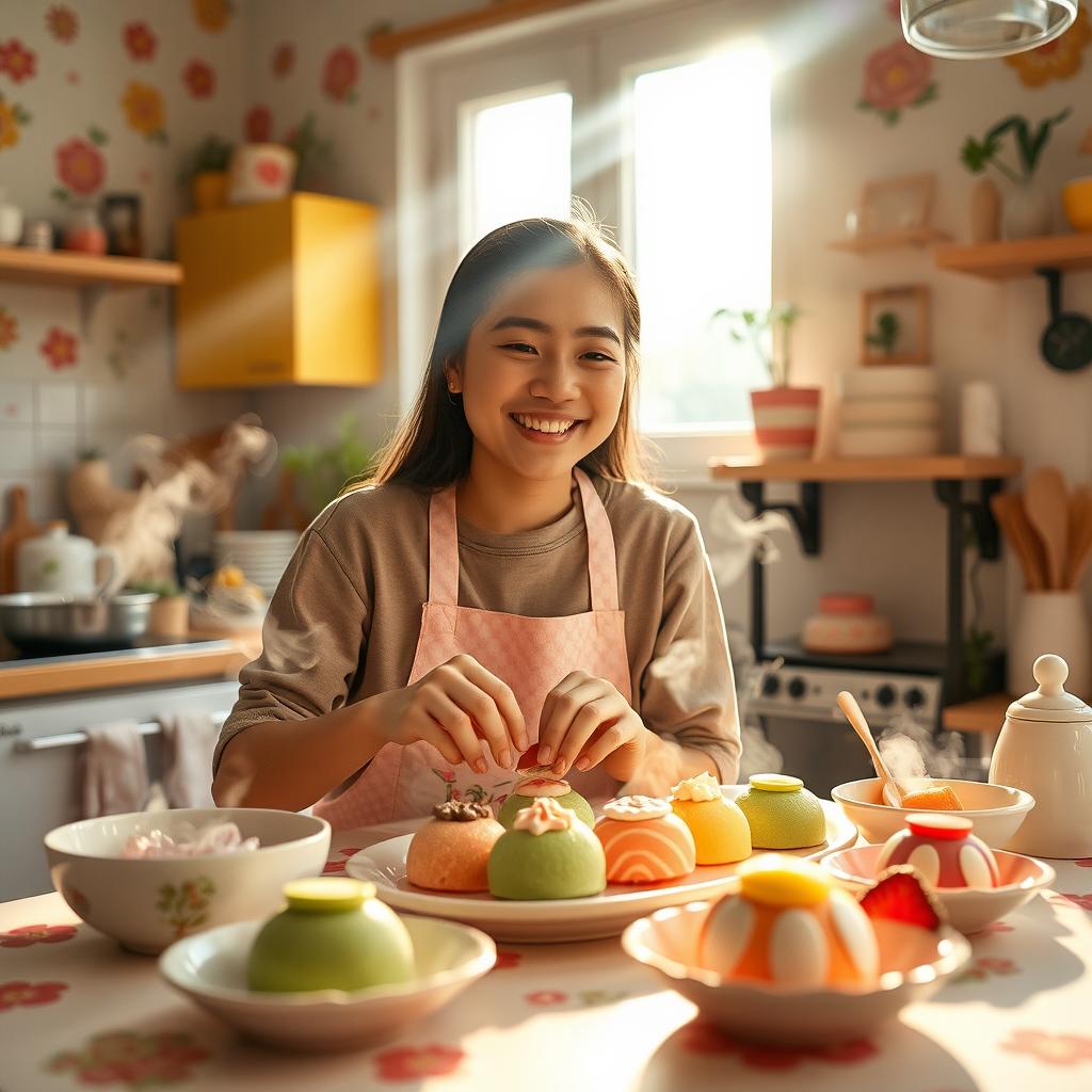 A charming scene of a person joyfully making fancy mochi in a bright, beautifully decorated kitchen
