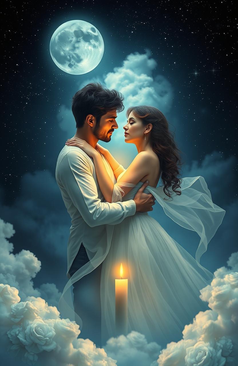 A dreamy, romantic scene inspired by 'Ojos de perro azul', featuring a man and a woman intertwined in a surreal dreamscape