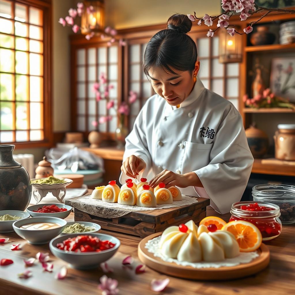 A vibrant scene showcasing a skilled chef expertly making fancy mochi