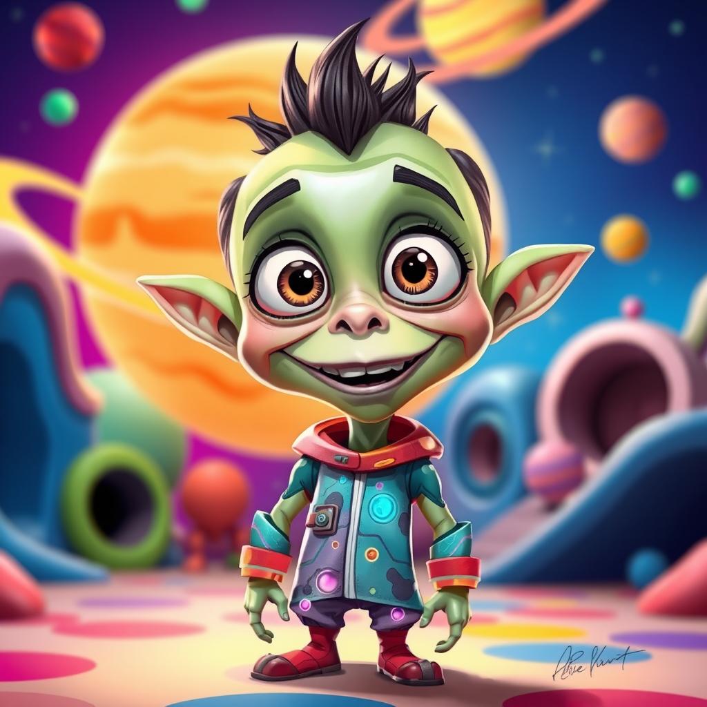 A playful caricature of a whimsical alien preteen with large expressive eyes, a big grin, and distinct green skin