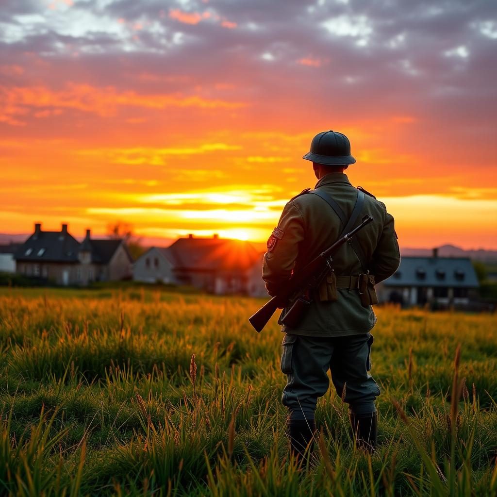 A German soldier from World War II standing in a grassy field, watching a beautiful sunset sky