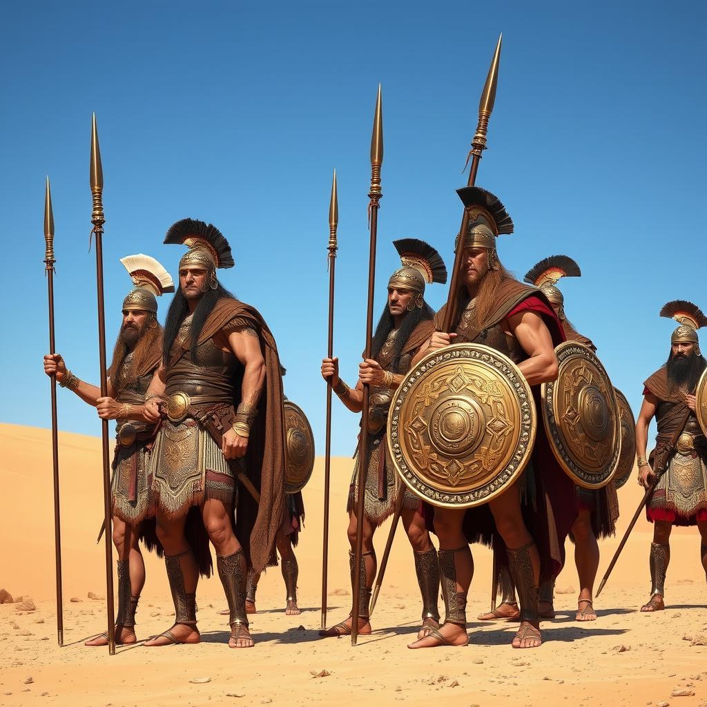 A group of Achaemenid warriors standing valiantly, clad in intricate bronze and leather armor, wielding long spears and shields adorned with Persian motifs