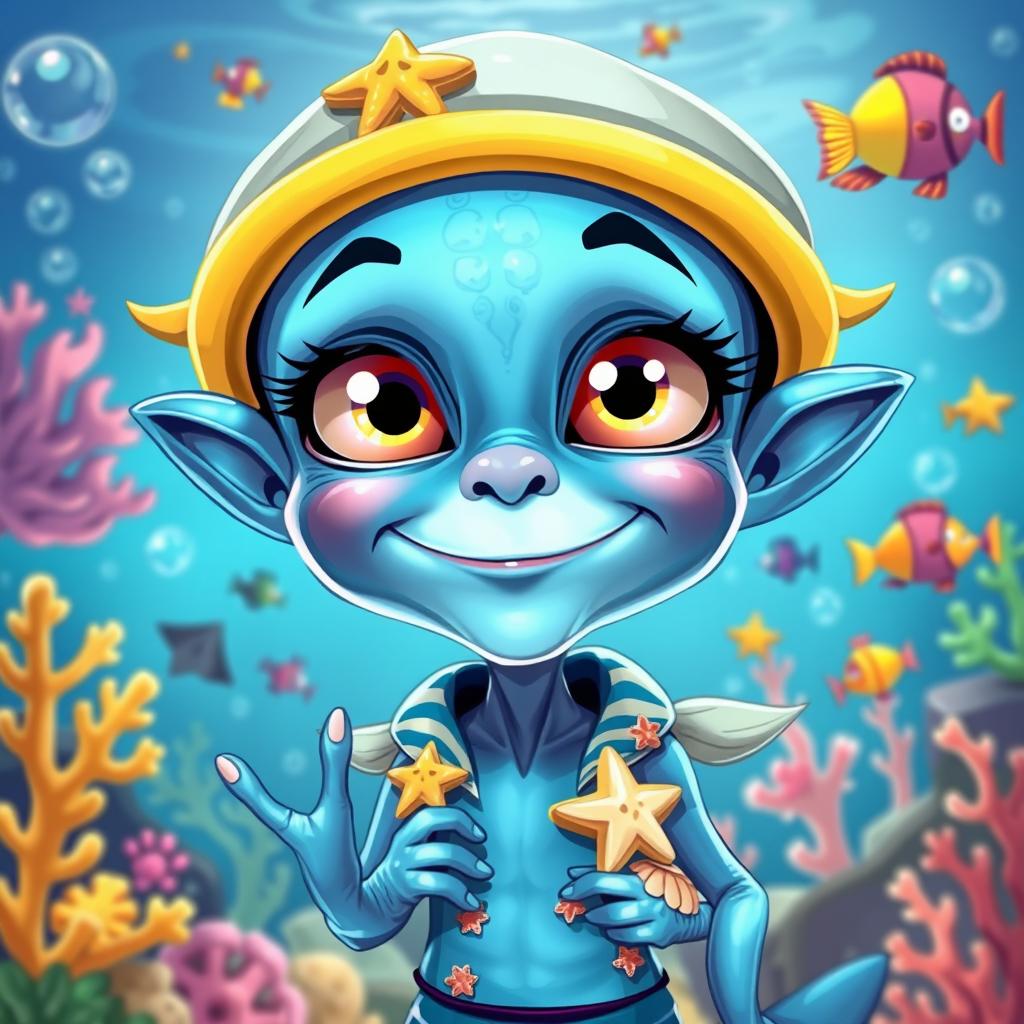 A vibrant caricature of a nautical-themed alien preteen with large, expressive eyes and a beaming smile