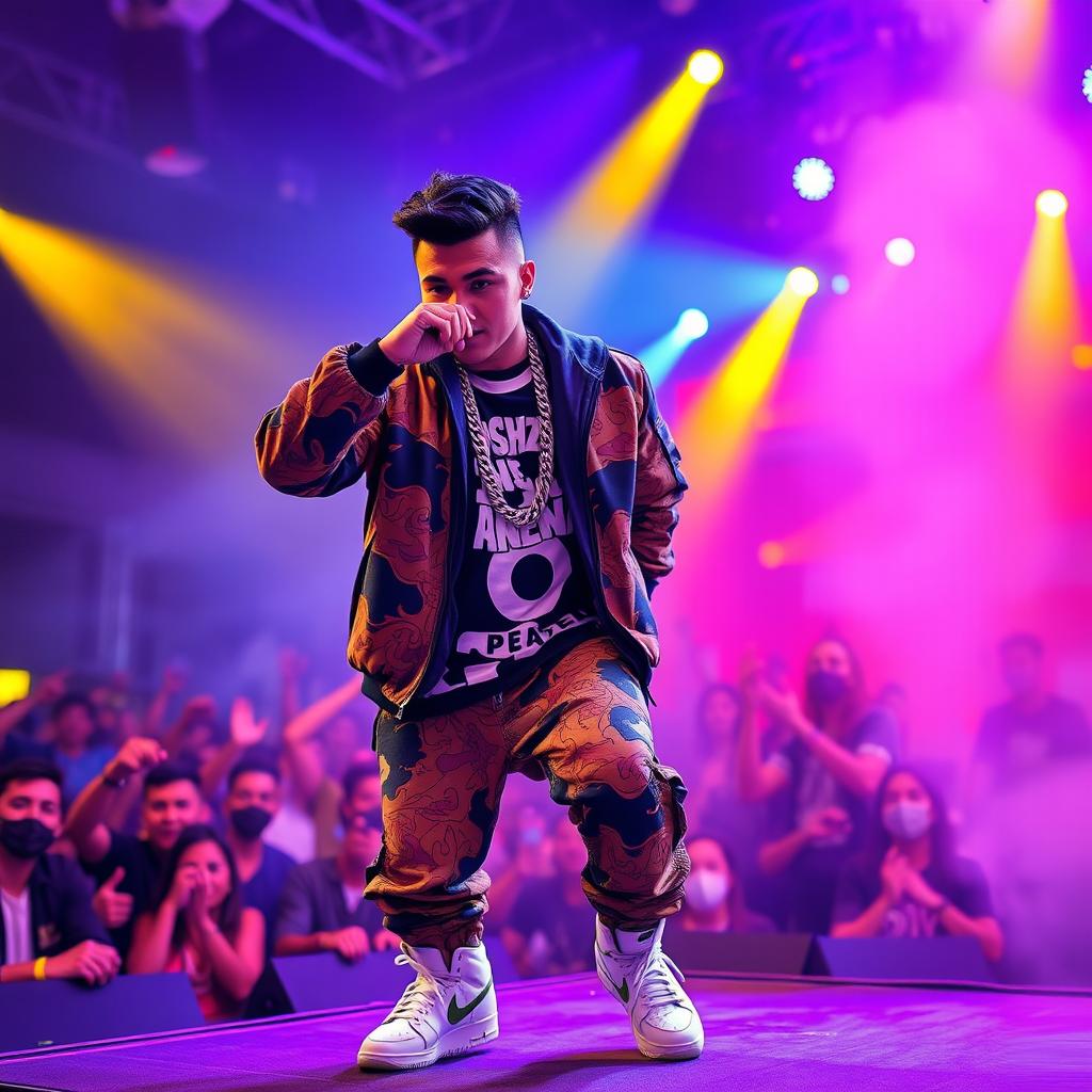 Ali Sorena, a charismatic rapper, showcasing an expressive performance on stage