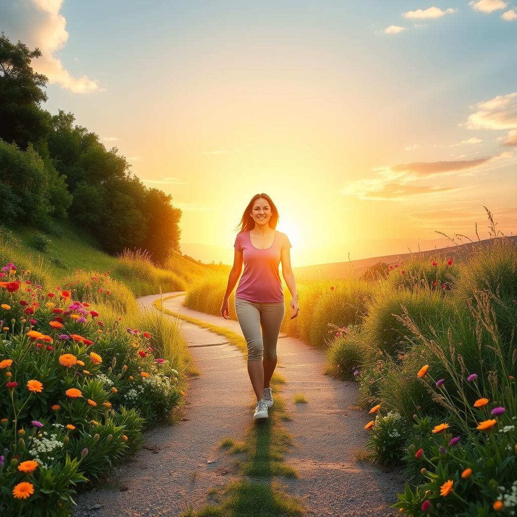 A powerful and inspiring scene symbolizing a journey toward enlightenment, featuring a confident 48-year-old woman walking along a winding path surrounded by lush greenery and vibrant wildflowers