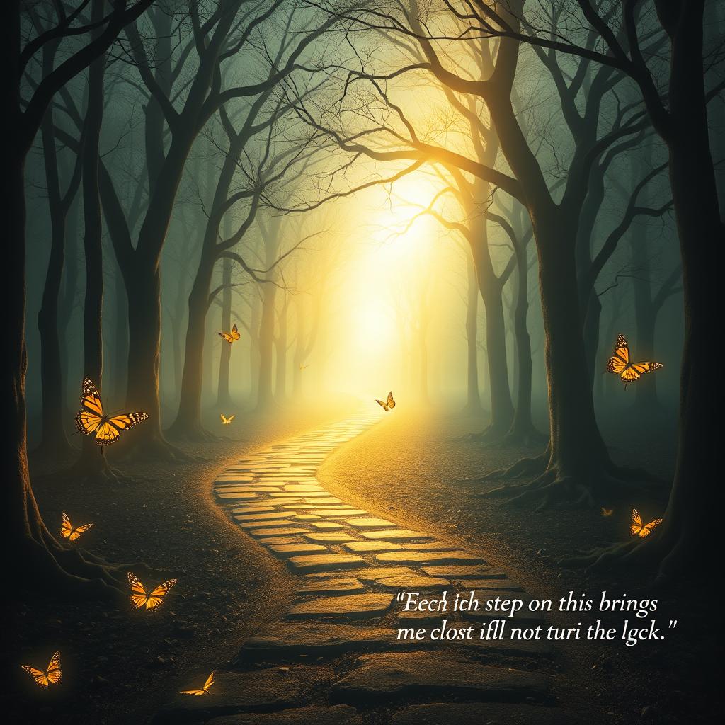 A complex and bright path winding through a foggy forest, representing the challenges and difficulties of life’s journey